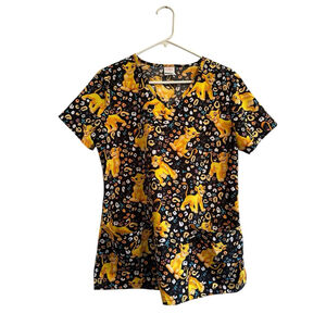 Disney Lion King Nurse Scrub Top Shirt Womens Small Black & Yellow Pockets CUTE!